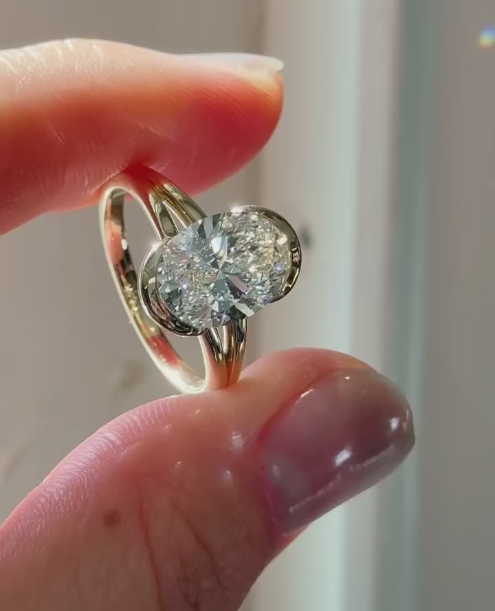 Minimal Oval Half Bezel Ring | Lab Grown Diamond | 14K Yellow Gold