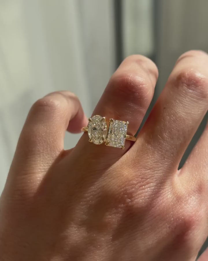 Toi et Moi Oval & Radiant Engagement Ring | Lab Grown Diamond | 14K Yellow Gold Modern Two Stone Ring