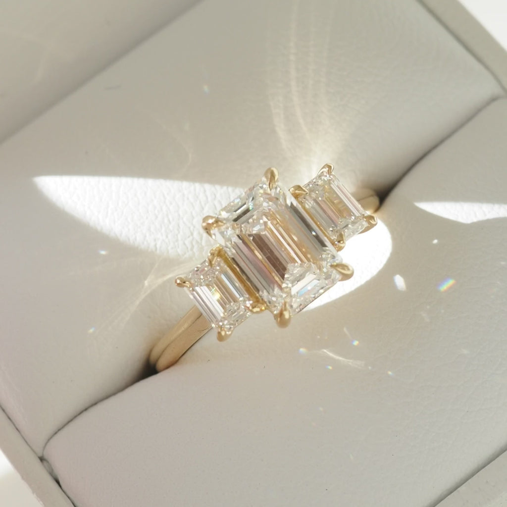 Elegant 3 Stone Emerald Engagement Ring | Lab Grown Diamond | 14K Yellow Gold Classic Three Stone Design