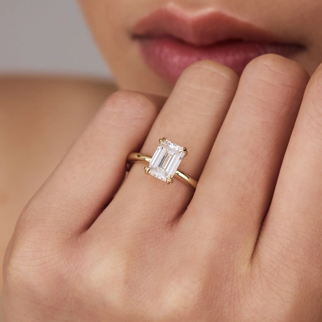 Emerald Cut Lab Grown Diamond Solitaire Engagement Ring in Solid 14K Gold