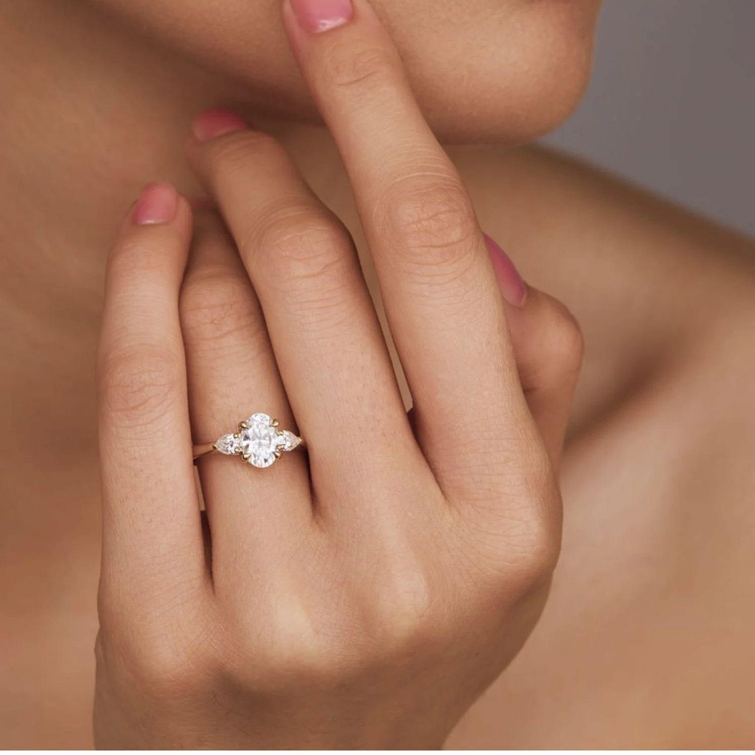 Oval Lab Grown Diamond Engagement Ring with Pear Side Stones in Solid 14K Gold