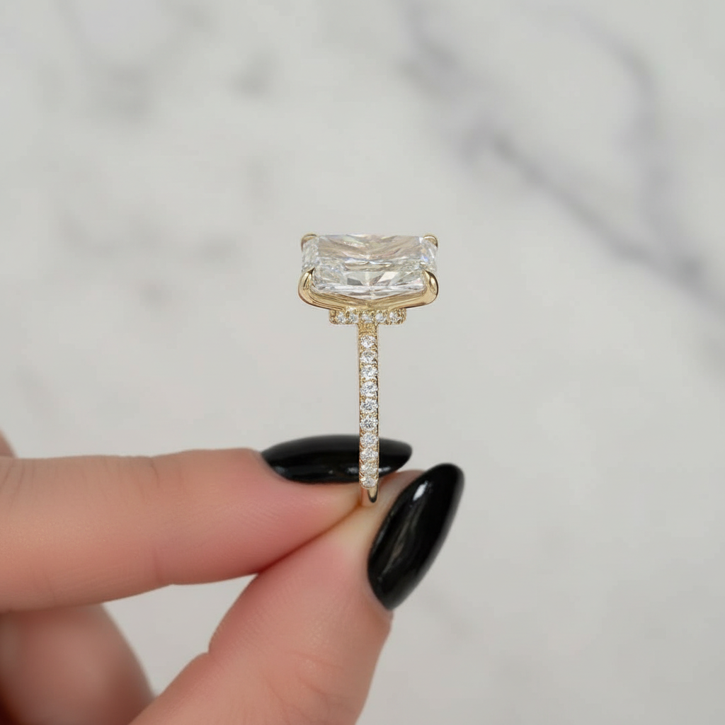 4.5CT Radiant Cut Ring with Side Accents and Hidden Halo | Lab Grown Diamond | 14K Yellow Gold